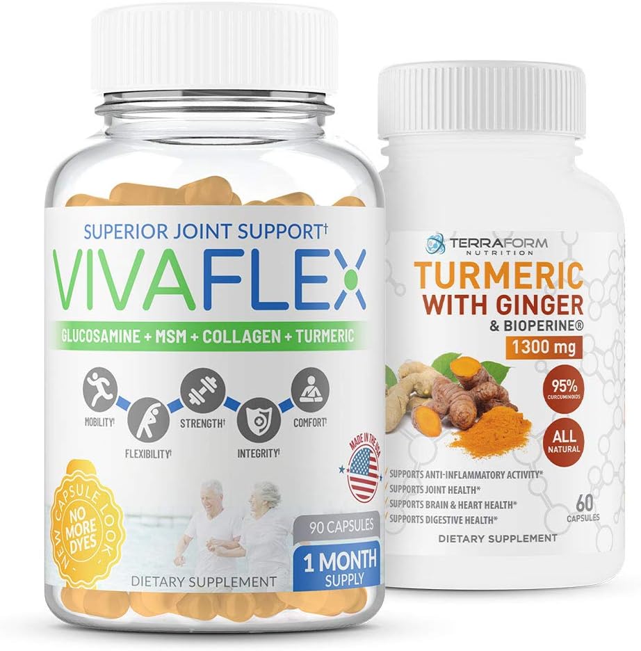 Terraform Nutrition Joint Relief Combo Pack - Vivaflex Plus Gurkemeje med Ginger - Bedste Kosttilskud til Joint & Knee Relief - 1 Måned Supply