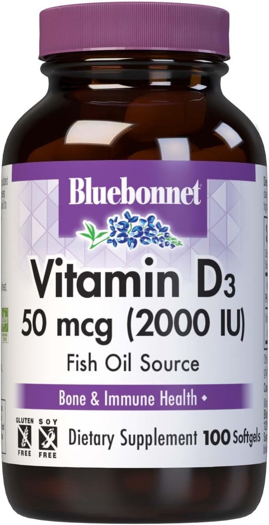 Bluebonnet Vitamin D3 2000 IE Vegetabilske kapsler, 100 greve (pakning med 1 pakke)
