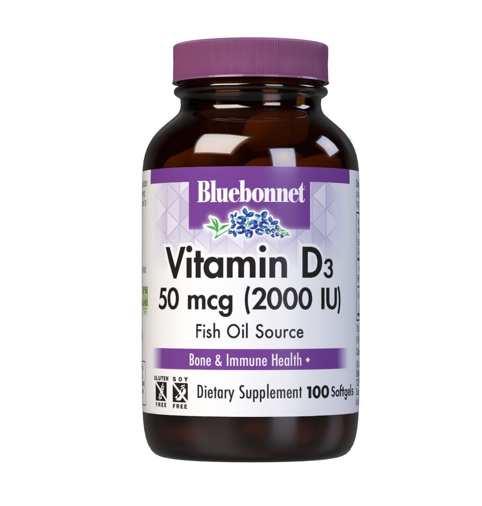 Bluebonnet Vitamin D3 2000 IE Vegetabilske kapsler, 100 greve (pakning med 1 pakke)