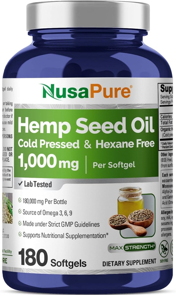 NusaPure Hamp Seed Oil 1000mg - 180 Softgel per flaske