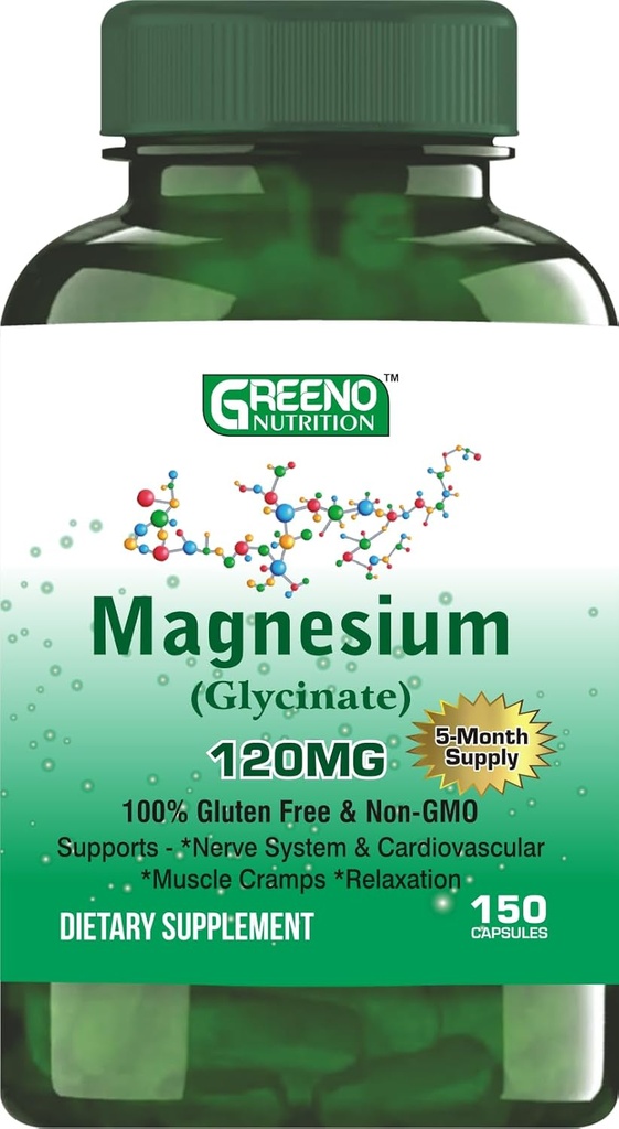 Magnesium (Glycinat) 120 MG tillæg, understøtter stress relief, søvn, hjerte sundhed, nerver, muskler, Metabolisme, 150 kapsler (5 Måneders forsyning)