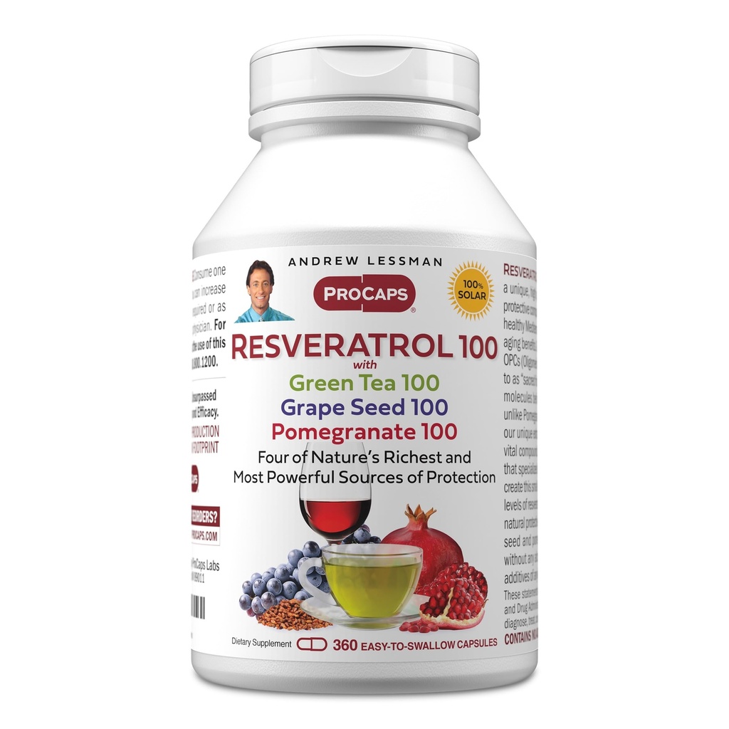 ANDREW LSSMAN Resveratrol- 100 med grøn te 100 Grape Seed 100 Pomegranate 100mg - 360 kapsler - Fire kraftfulde, beskyttende antioxidanter.