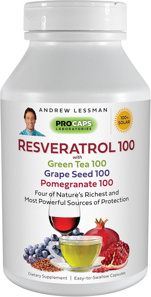 ANDREW LSSMAN Resveratrol- 100 med grøn te 100 Grape Seed 100 Pomegranate 100mg - 360 kapsler - Fire kraftfulde, beskyttende antioxidanter.