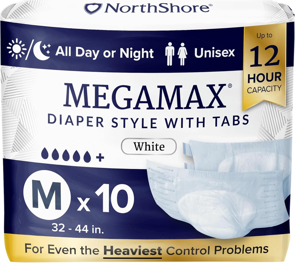 NorthShore MegaMax Voksen Overnight bleer, 12-timers Tab- Style, Medium, 10 Count Bag, Hvid, 32-44 inches, Unisex Inkontinens Undertøj