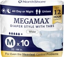 NorthShore MegaMax Voksen Overnight bleer, 12-timers Tab- Style, Medium, 10 Count Bag, Hvid, 32-44 inches, Unisex Inkontinens Undertøj