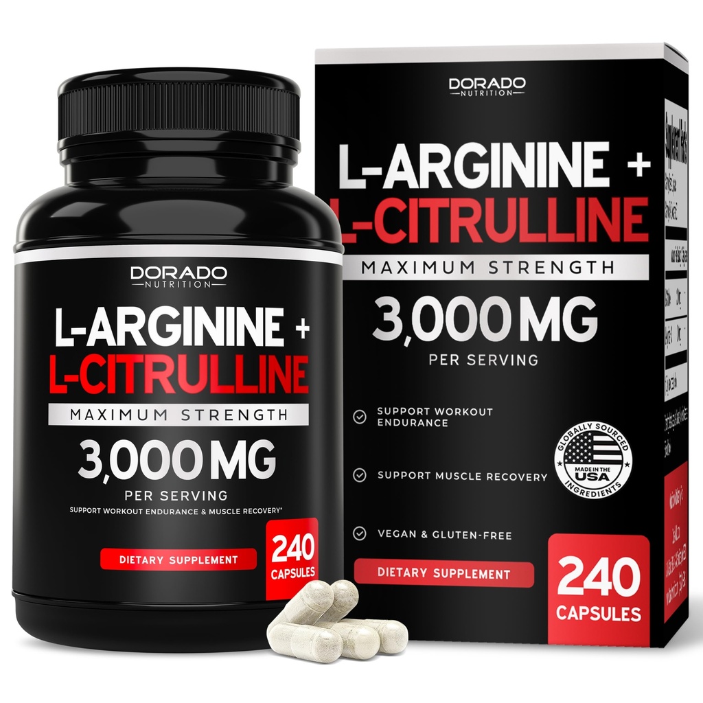 L Arginin L Citrullin Supplement 3000mg (240 kapsler) Nitrooxidpiller til mænd - Stamina, Endurance, Ydelse til træning - NO Kosttilskud til mænd - Gluten fri, ikke-GMO, Veganske kapsler