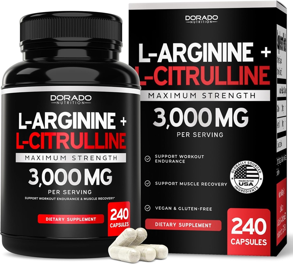 L Arginin L Citrullin Supplement 3000mg (240 kapsler) Nitrooxidpiller til mænd - Stamina, Endurance, Ydelse til træning - NO Kosttilskud til mænd - Gluten fri, ikke-GMO, Veganske kapsler