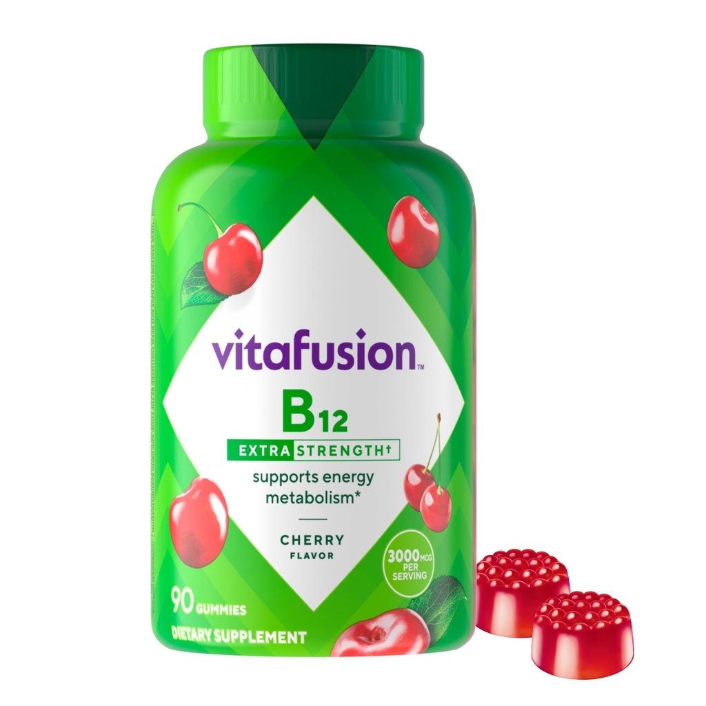 Vitafusion Ekstra styrke Vitamin B12 Gummies, Understøtter Energi Metabolisme og Nervesystemet Health Support, Gummy Vitamin supplement til kvinder og mænd, Cherry Flavor, 45 Day Supply, 90 Greve