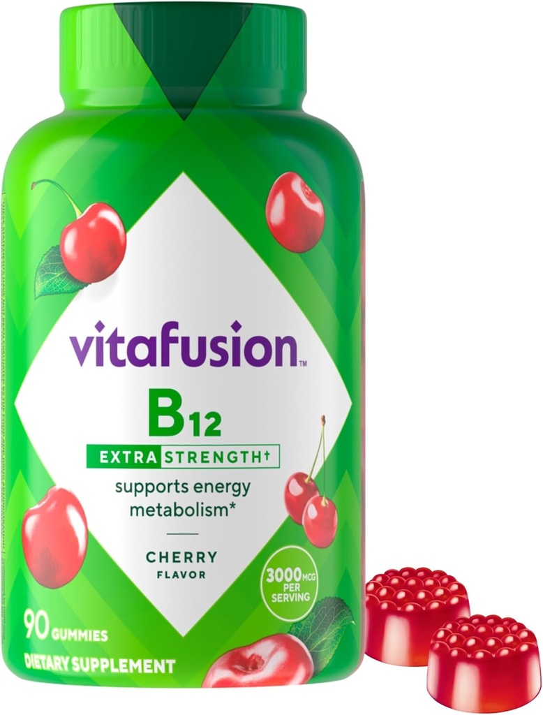 Vitafusion Ekstra styrke Vitamin B12 Gummies, Understøtter Energi Metabolisme og Nervesystemet Health Support, Gummy Vitamin supplement til kvinder og mænd, Cherry Flavor, 45 Day Supply, 90 Greve