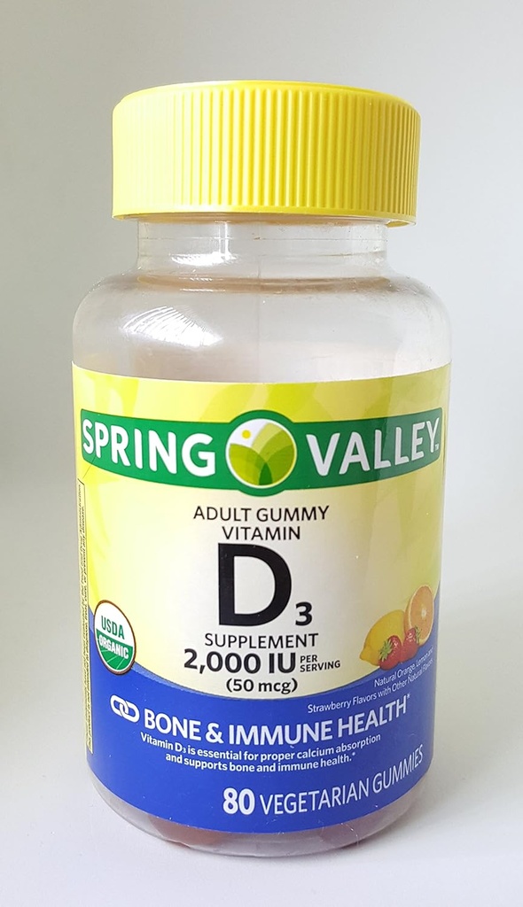 Spring Valley Voksen Gummy Vitamin D3 Supplement, 2000IE, 50mcg USDA Organic, 80 Vegetariske Gummies