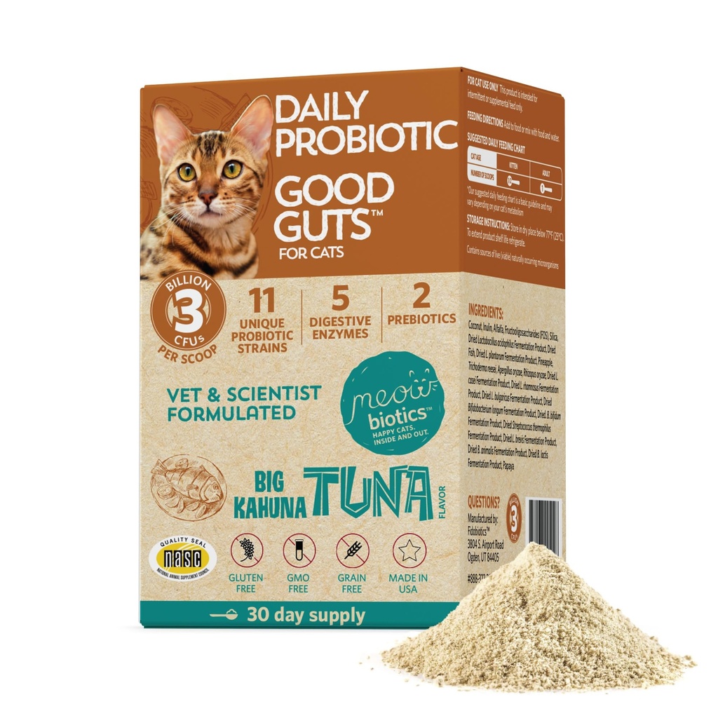 Meowbiotics gode guts til katte Probiotisk pulver, 11 Probiotiske Strops, 2 Prebiotics, 5 fordøjelsesenzymer til fordøjelsesstøtte, Tun Flavor, Probiotika til katte, Indendørs & Udendørs (30 dage)