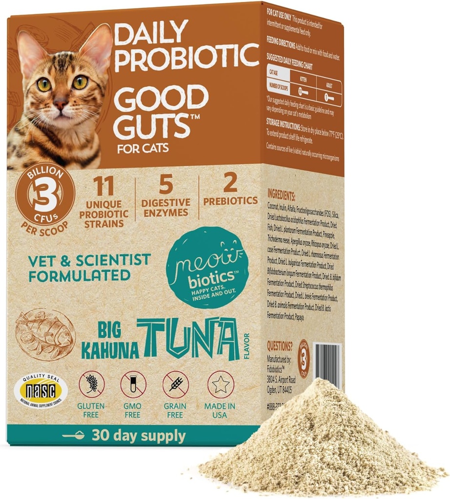 Meowbiotics gode guts til katte Probiotisk pulver, 11 Probiotiske Strops, 2 Prebiotics, 5 fordøjelsesenzymer til fordøjelsesstøtte, Tun Flavor, Probiotika til katte, Indendørs & Udendørs (30 dage)