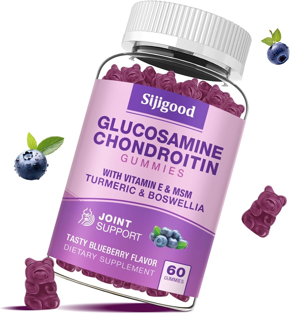 Glucosamin Chondroitin Gummies, Extra Strength Glucosamin Chondroitin MSM med Elderberry & Gurmerisk, fælles sundhed, fleksibilitet, antioxidant, immunforsvar for voksne - 60 Blåbær Tyggegummi
