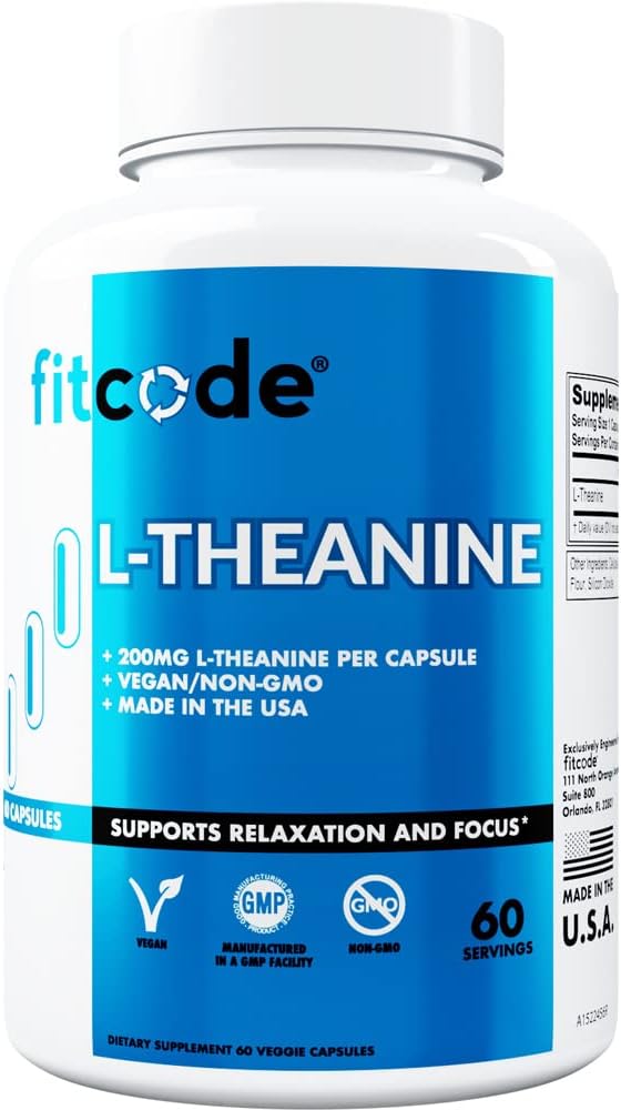 fitcode L Theanin 200mg Kapsler til Focus and Relaxation L- theanin 200mg Nootrop Supplement for Opmærksomhed Energi og Focus - Daytime Mood Support og Nootrop Focus Supplement