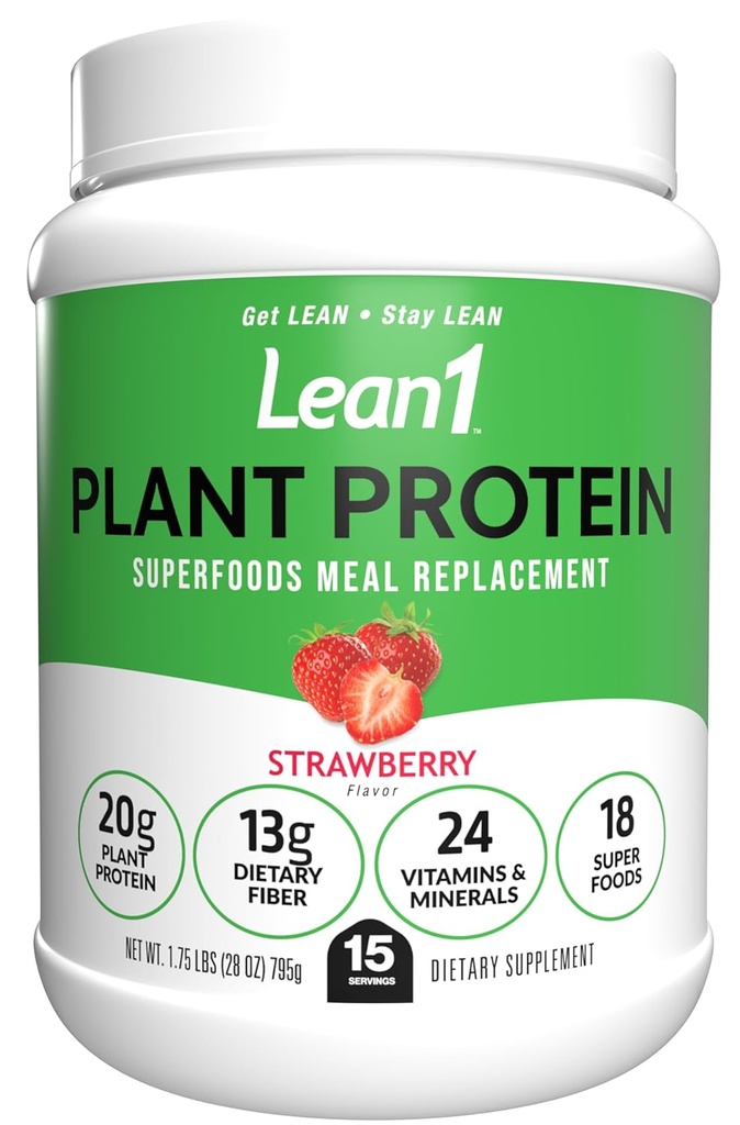 Lean1 Plant baseret protein pulver, Meal erstatning, jordbær smag, 15 servering