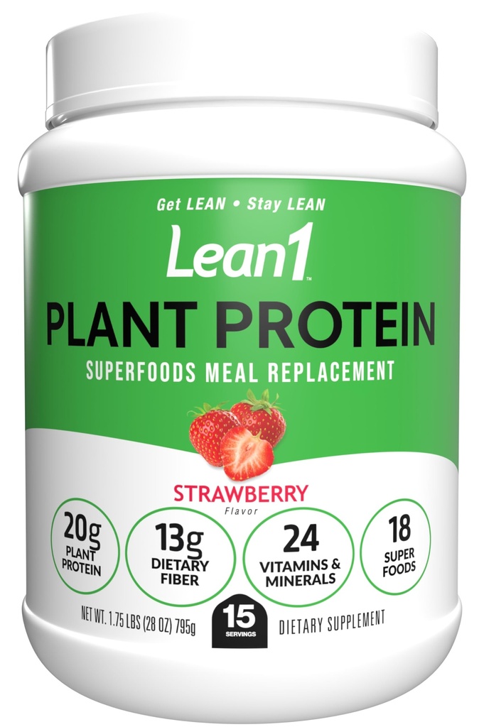 Lean1 Plant baseret protein pulver, Meal erstatning, jordbær smag, 15 servering
