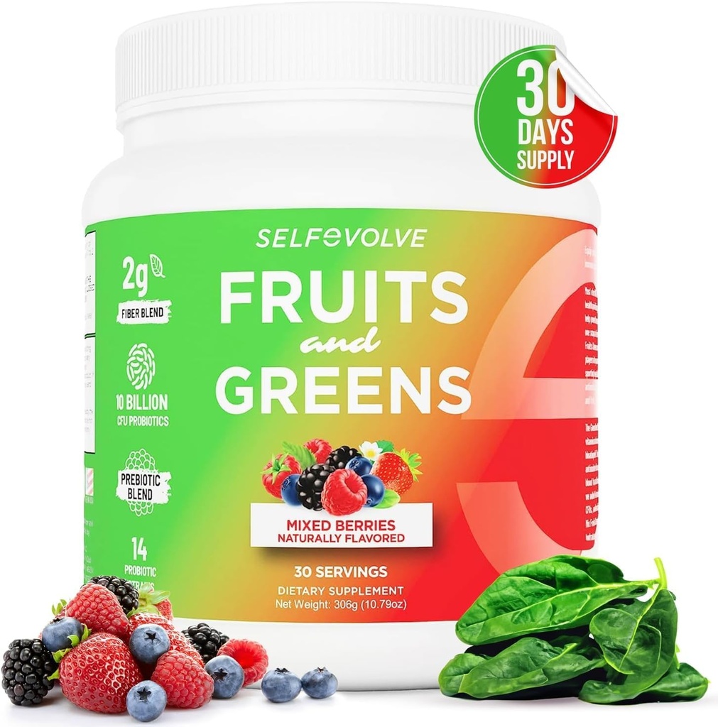 Frugt og grønt økologisk probiotisk pulver: 30 Servering til mænd og kvinder. Vegansk med 10 Millioner CFU 'er, Spirulina, Kale, Spinat, Chlorella, Elderberry, Digitale Enzymer - Probiotika