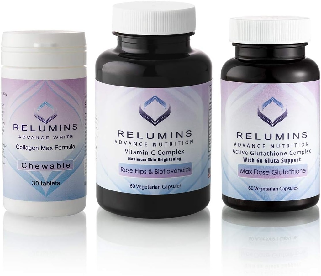 Relumins Advance White Triple Capsule MAX Set - MAX dosis Glutathion med 6X boostere, Collagen MAX tyggetabletter og C-vitamin MAX - Maksimal hudbelysning og foryngelse (One Month Supply)