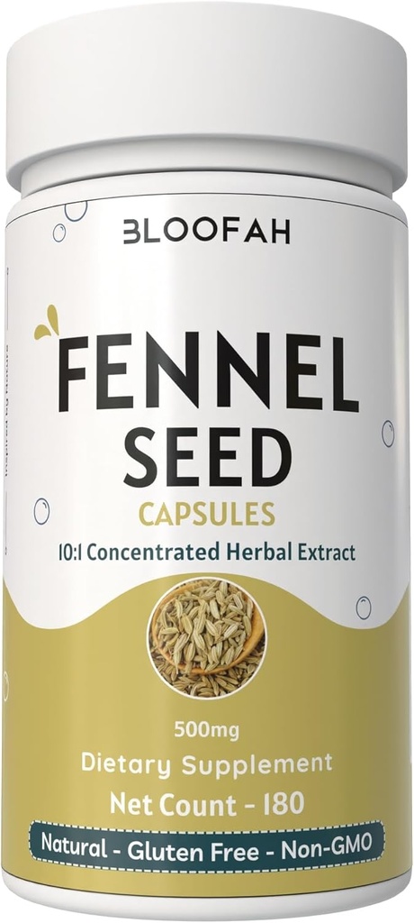 Fennel Seed Capsules 500mg | Concentrated 10:1 Extract | 180 Count | Foeniculum vulgare | Natural Herbal Supplement | Non-GMO | Plant-Based Formula for Daily Use (180 Count (Pack of 1))
