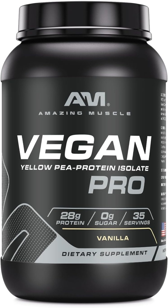 Amazing Muscle Vegan Protein Powder • 124; 28 Bedste Protein • 124; 34 Servering • 124; Zero Sugar • 124; Gule Pea Protein Isolate Supplement • 124; Fremstillet i USA (3 Lb, Vanilla)