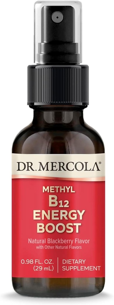Dr. Mercola Methyl B12 Energy Boost Spray, 0.98 Fl. Oz. (29 mL), 39 Servings, 1,000 mcg Per Serving, Dietary Supplement, Supports Mental Focus, Non-GMO