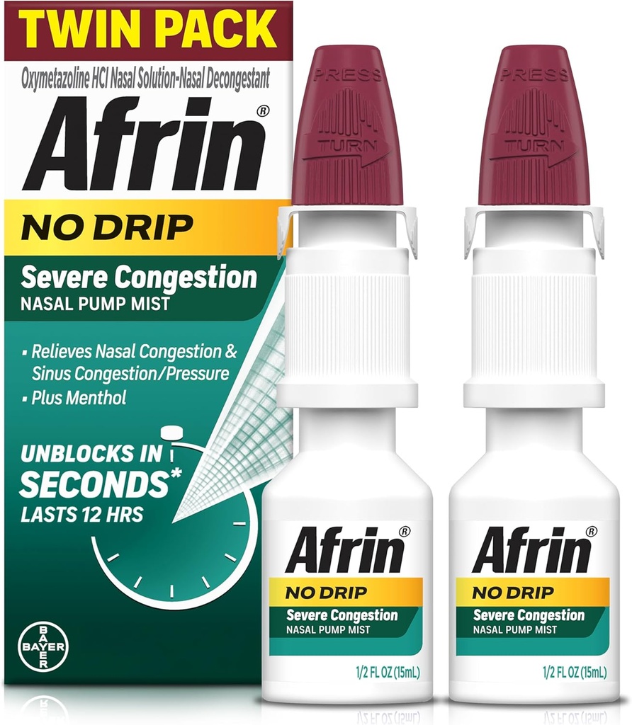 Afron ingen Drip Svær Congestion Nasal Mist Twin Pack, Non- Drowsy, Fast- Active Decongestant for Nasal Congestion og Sinus Pressure Relief, Voksne og børn 6 og ældre, .5 fl oz (Pack of 2)