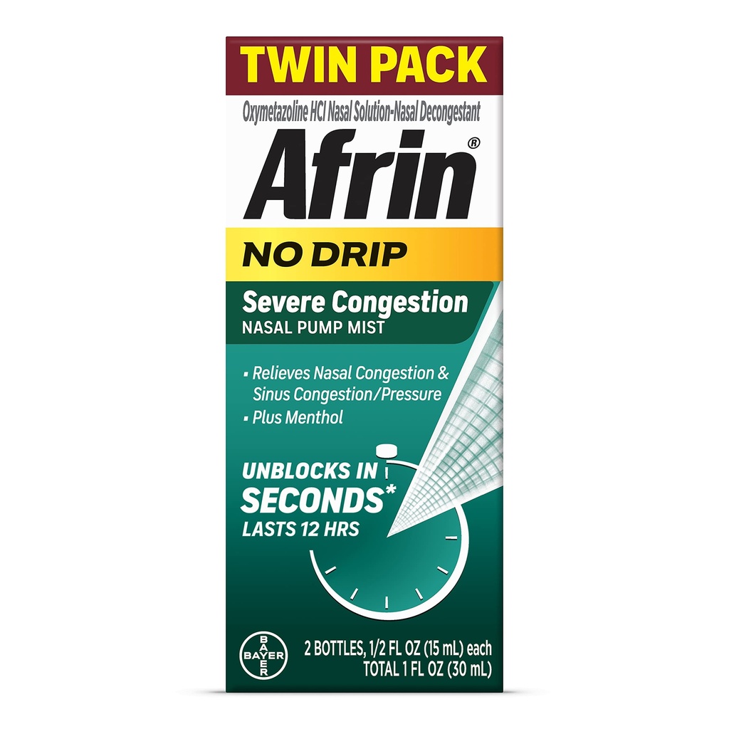 Afron ingen Drip Svær Congestion Nasal Mist Twin Pack, Non- Drowsy, Fast- Active Decongestant for Nasal Congestion og Sinus Pressure Relief, Voksne og børn 6 og ældre, .5 fl oz (Pack of 2)