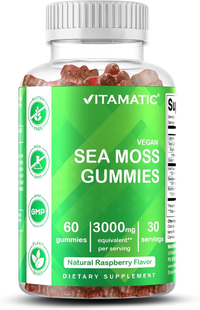 Vitamatic Irish Sea Moss Gummies - 3000mg Ækvivalent Per Servering (fra ekstrakt 132,5 mg) - 60 Ct Made with Bladerwrack & Burdock Root - Seamoss Supplement til Thyroid, Energi & immunforsvar