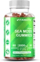 Vitamatic Irish Sea Moss Gummies - 3000mg Ækvivalent Per Servering (fra ekstrakt 132,5 mg) - 60 Ct Made with Bladerwrack & Burdock Root - Seamoss Supplement til Thyroid, Energi & immunforsvar