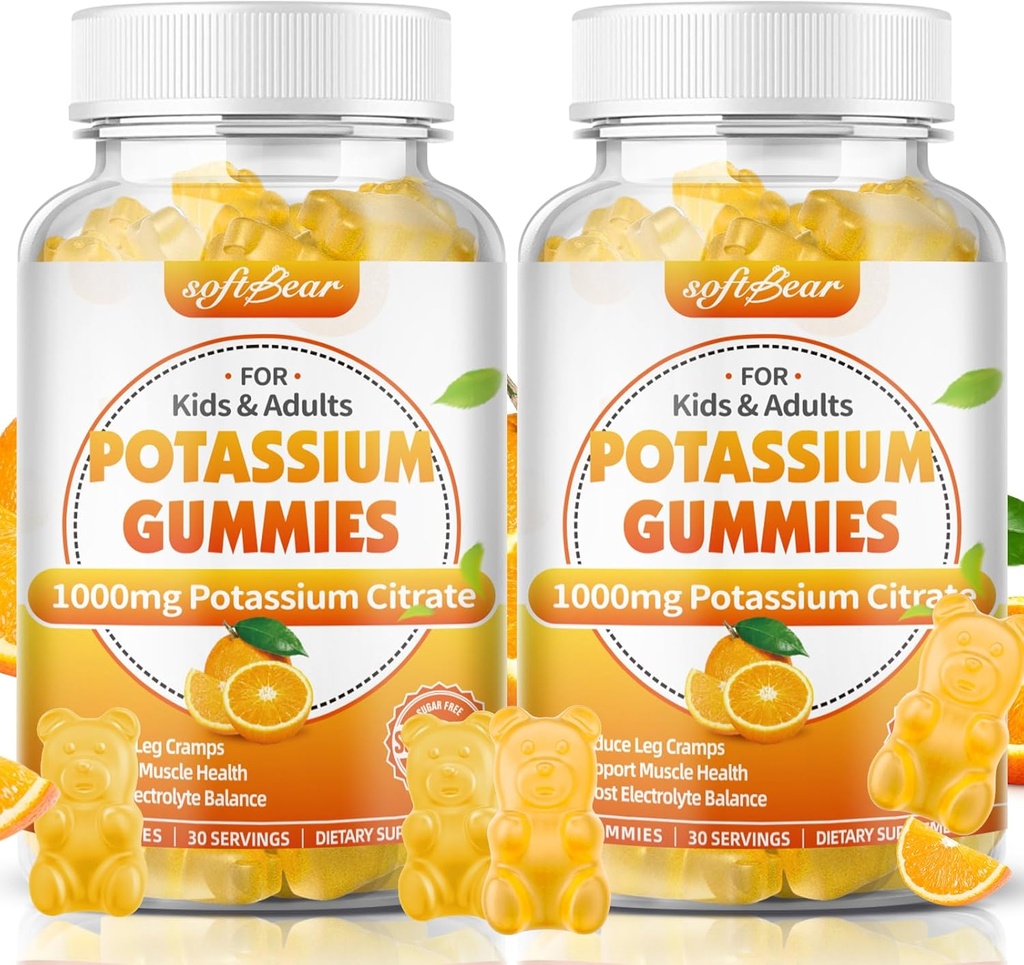 softbear Kalium Citrate 1000mg, Sugar Free Kalium Gummies for adult Support Leg Cramp & Muscle Health High Potency Kalium Supplement Gummies Orange Flavor 120 Greve
