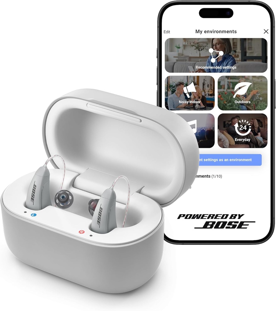 Lexie B2 OTC hørelse hjælpemidler drevet af Bose - Bluetooth Call Aktiveret for iOS, Genopladelig med App Control, hele dagen Comfort. Self-Fit Solution, støjreduktion, for Mild til moderat høretab (grå)