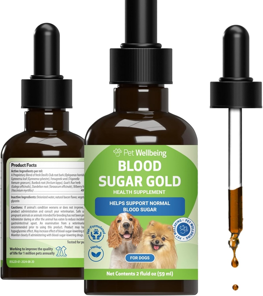 Pet Wellbeing Blood Sugar Gold Dogs - Holistisk Blood Sugar Support, Pancreas & Lever Health, Gymnema, Fenugreek & Devil 's Club - NASC Certified & Vet- Formuleret - 2 oz Væske