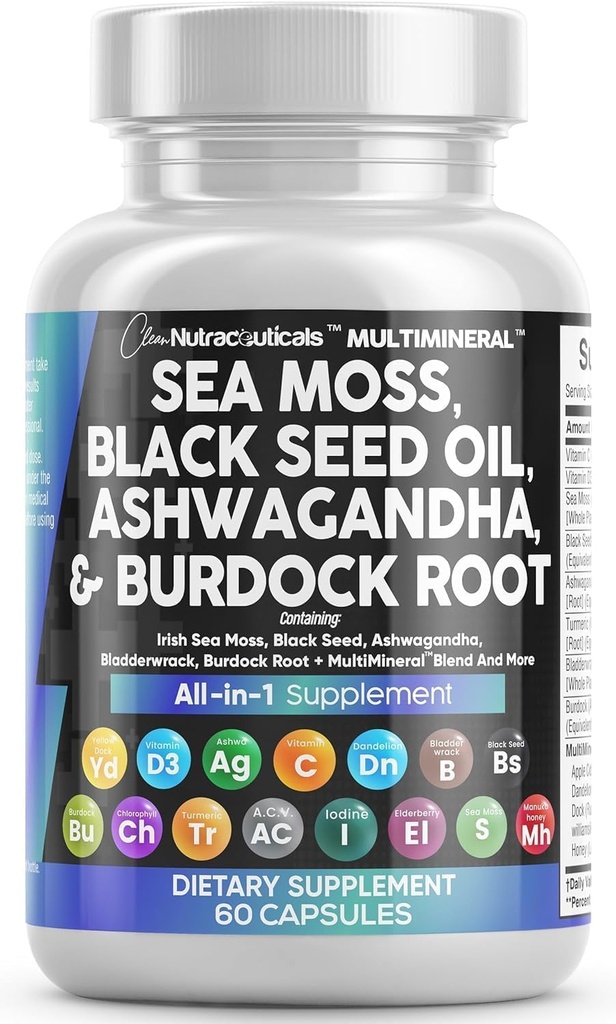 Ren Nutracatic Sea Moss Black Seed Oil Ashwagandha Turmerisk Bladerwrack Burdock & C-vitamin D3 med Elderberry Manuka Mælkebøtte Gul Dock Jod Chlorophyll ACV