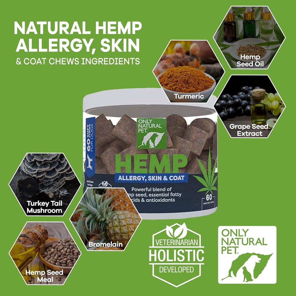 Only Natural Pet Allergy, Skin & Coat Hemp Soft Chews - Allergy Immune Bites for Dogs, Omega 3 Supplement, Calming Treats for Itchy Skin Relief, Hot Spot - (60 Count) (AL.)