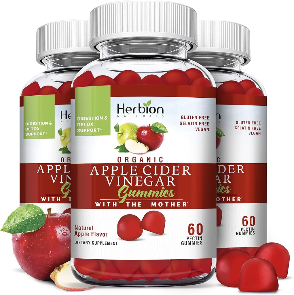 HERBION Naturals Organic Apple Cider Vincious Gummies with The "Mother", Fordøjelse og Detox Support, Pectin baseret, Vegan, Made in The USA - (Pack of 3, 180 Gummies)