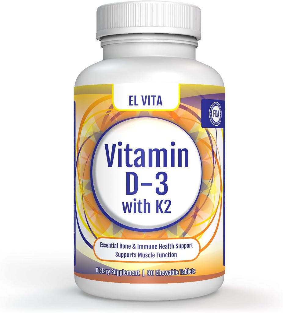 Vitamin D3 & K2. 90 Natural Cherry Chewable vegetabilsk tabletter. 2-in-1 Support Vitamin Kosttilskud. Fremmer essentiel ben og immunforsvar sundhed. Ingen Sugar Tilded.