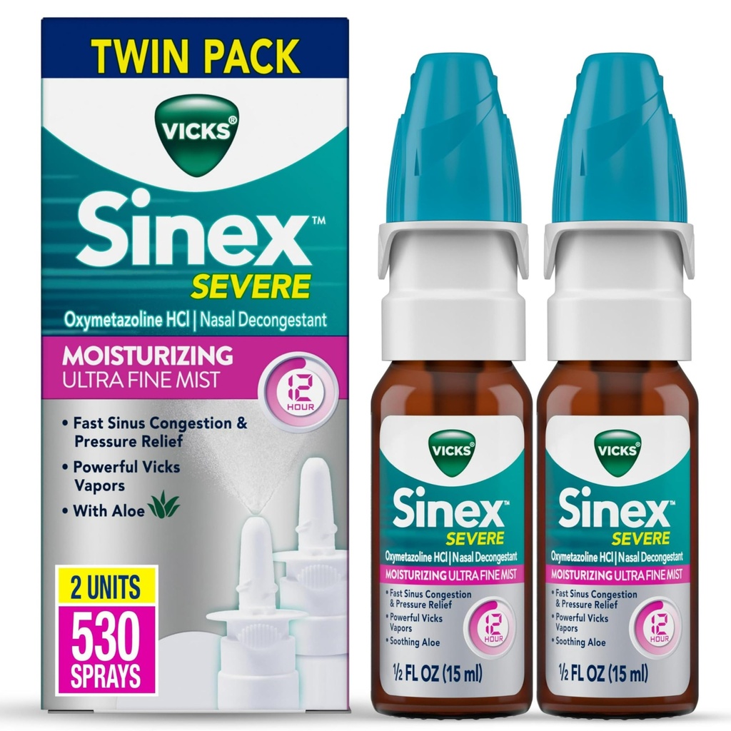 Vicks Sinex Svær Nasal Spray, Fugtgivende Ultra Fine Mist med Aloe, Decongestant Medicin, Relief fra Stuffy Næse på grund af kold eller Allergi, Nasal Congestion & Sinus Pressure Relief, 265 sprays x 2