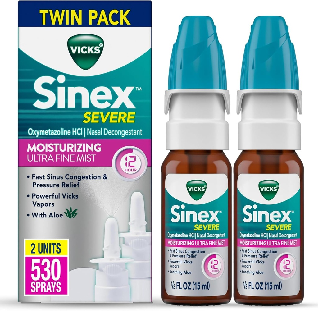 Vicks Sinex Svær Nasal Spray, Fugtgivende Ultra Fine Mist med Aloe, Decongestant Medicin, Relief fra Stuffy Næse på grund af kold eller Allergi, Nasal Congestion & Sinus Pressure Relief, 265 sprays x 2