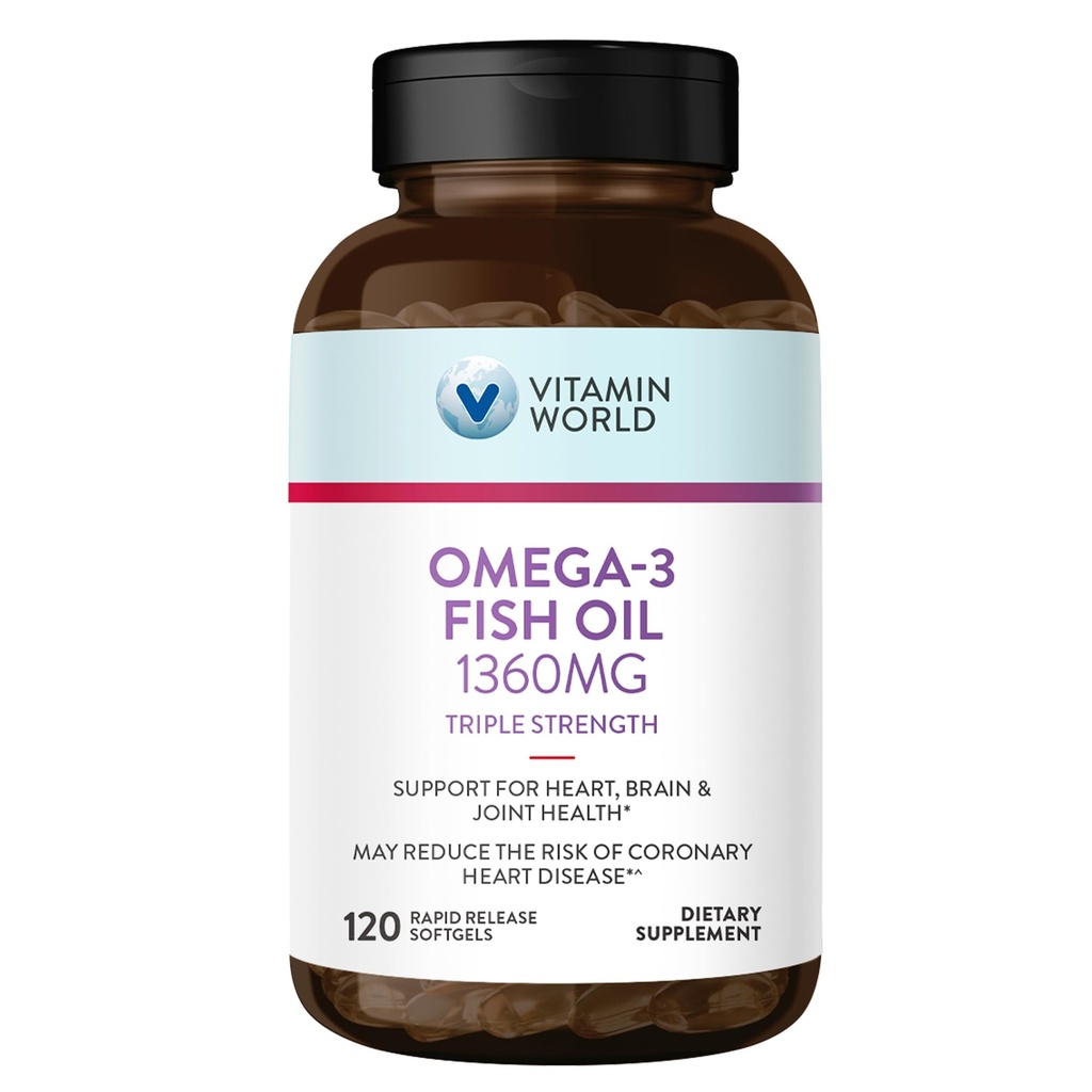 Vitamin World Triple Strength Omega 3 Fish Oil 1360 mg Supplement, 950 mg Aktiv Omega-3 Fedtsyrer med EPA & DHA, understøtter hjerte, hjerne og fælles sundhed, Gluten Free, 120 Softgels, 4 Måneder Supply