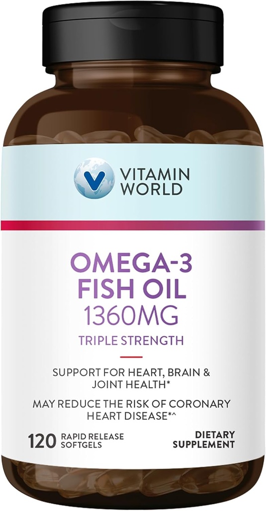 Vitamin World Triple Strength Omega 3 Fish Oil 1360 mg Supplement, 950 mg Aktiv Omega-3 Fedtsyrer med EPA & DHA, understøtter hjerte, hjerne og fælles sundhed, Gluten Free, 120 Softgels, 4 Måneder Supply