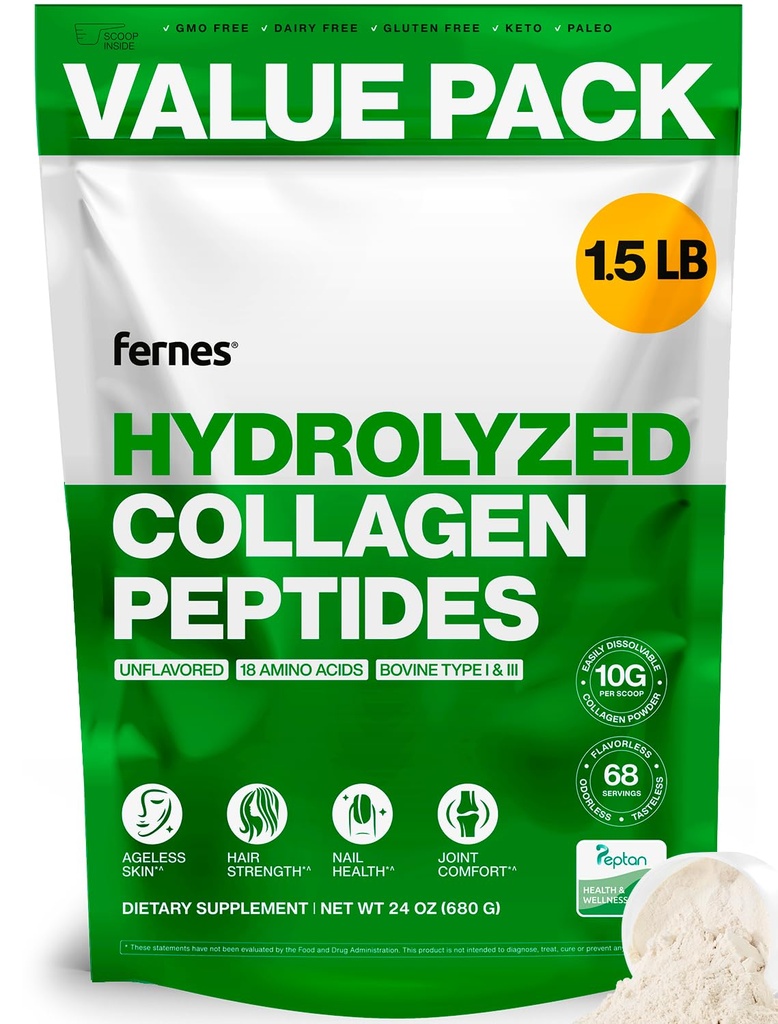 Collagen Peptider for kvinder Mænd (1,5 LB) Type I & III Flavorless & Odorless Easy- Mix Hydrolyzed Peptan Protein Joint Hir Skin & Nail Support Gluten- Free Non- GMO Keto & Paleo Grass- Fed Kosher