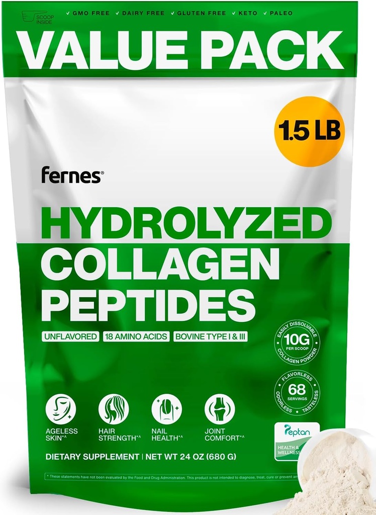 Collagen Peptider for kvinder Mænd (1,5 LB) Type I & III Flavorless & Odorless Easy- Mix Hydrolyzed Peptan Protein Joint Hir Skin & Nail Support Gluten- Free Non- GMO Keto & Paleo Grass- Fed Kosher