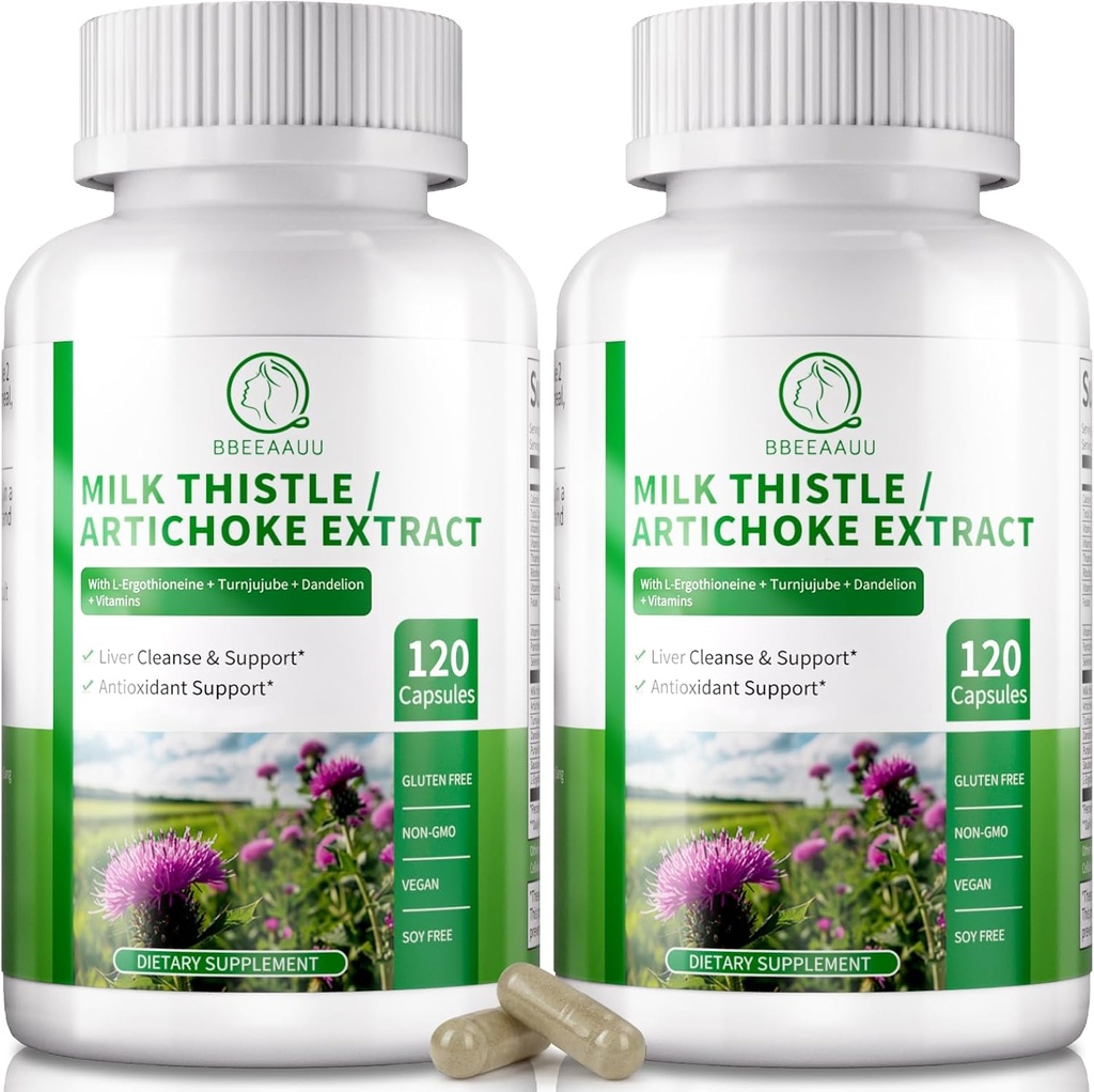Leverrengøring Detox & Reparation 120 kapsler, 16- in-1 Herbal leverstøtte tillæg med mælk tidsel, Artiskoke, L- Ergothioneine, Turnjube Mælkebøtte Uddrag til lever Renew & Antioxidant (2 Pack)
