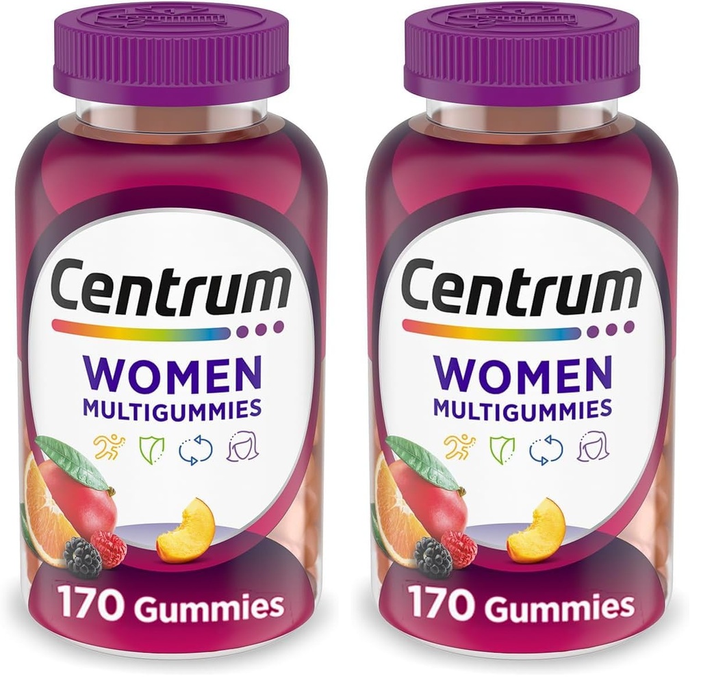 Centrum MultiGummies Gummy Multivitamin til kvinder, Multivitamin / Multimineral Supplement med vitamin D3, B Vitaminer og antioxidanter, Assorteret Frugtsmag - 170 Greve (pakke med 2)