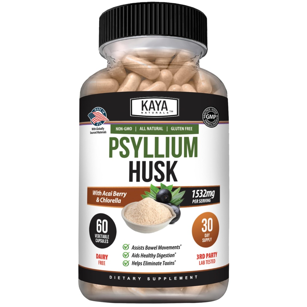 Kaya Naturals Psyllium Husk Kapsler - 60 Grev - 124; High Fiber Supplement - 124; fordøjelsesmæssig sundhed & regularitet - 124; Gluten- fri, ikke-GMO