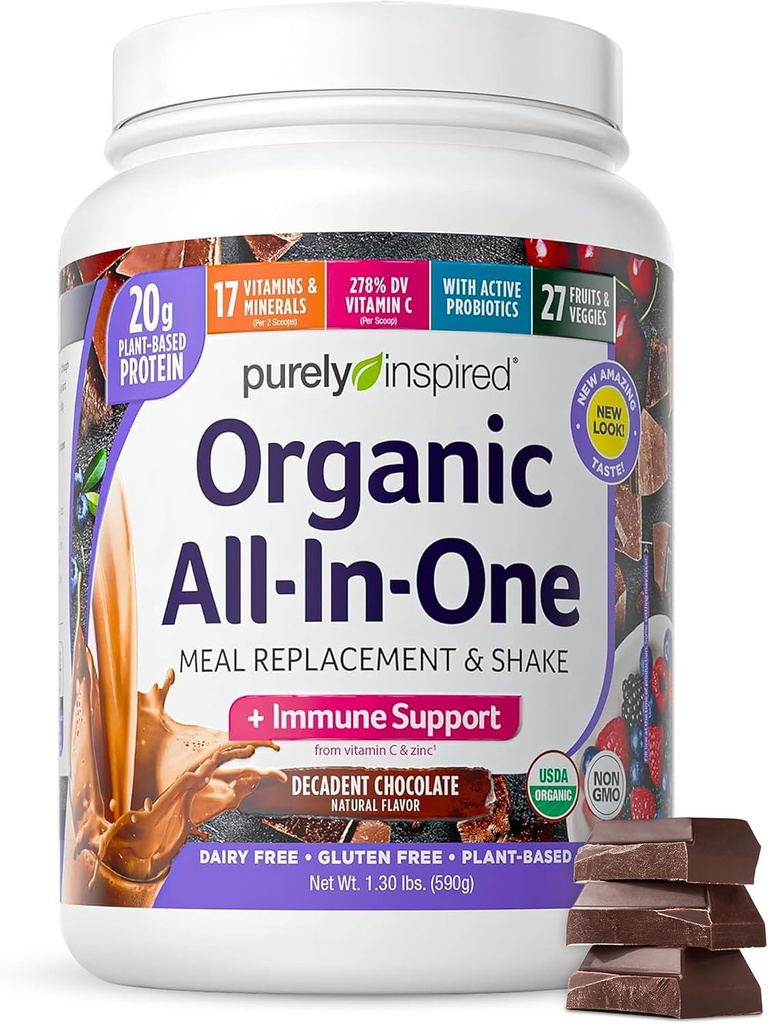 Purely Inspired All-in-One Vegan Protein Powder for Men & Women, Decadent Chocolate (14 Servings) - Plant-Based Organic Protein Powder for Shakes & Smoothies - Gluten-Free Nutritional Meal Replacement