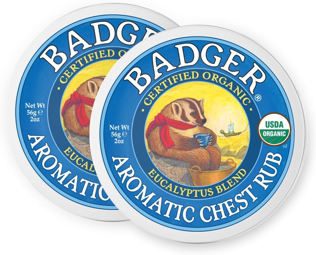 Badger Aromatic Chest Rub, 100% Organic Vaporub w / Eucalyptus & Lavender Essential Oliils to Clear & Soothe, All- Natural Chest Congestion Relief for voksne & Kids, 2 oz Tin, 2 -Pack
