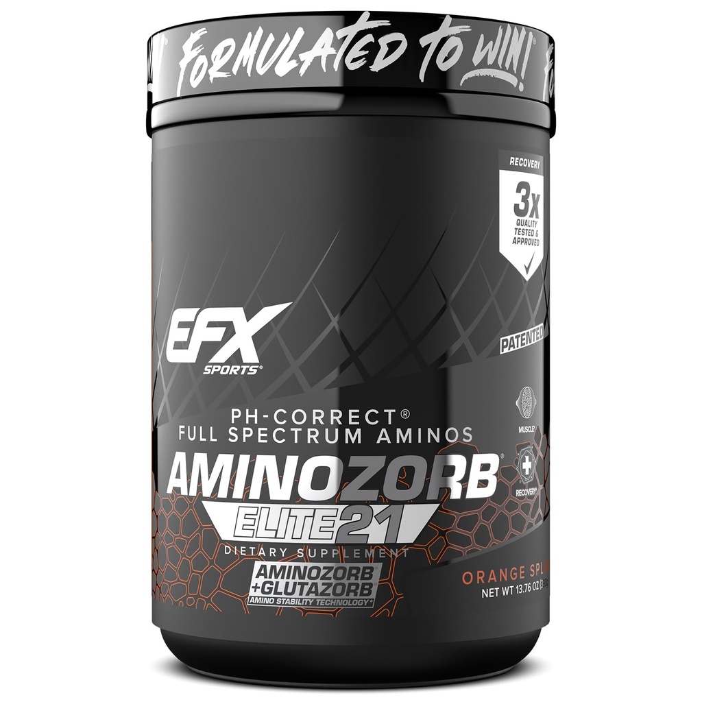 EFX Sports Aminozorb Elite 21 Yep 124; PH- Correct, Full Spectrum Aminos + Glutamine Yep 124; Essential & Non Essential Aminos Yep 124; Zero Sugars Yep 124; 30 Servere (Orange Splash)