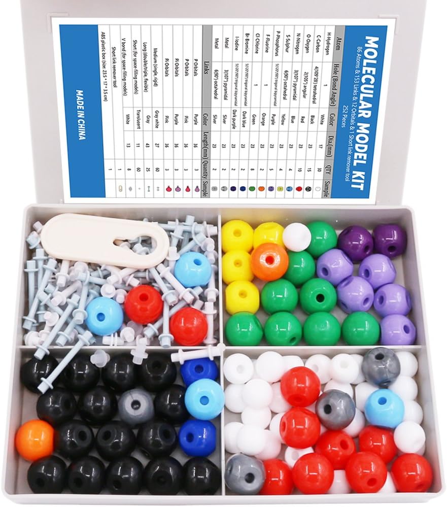 Swpeet 240 Pcs Organic Chemistry Molecular Model Student and Lærer Kit, Chemistry Molecular Model Student and Lærer Set - 86 Atoms & 153 Bonds & 1 Short Link Remover Tool