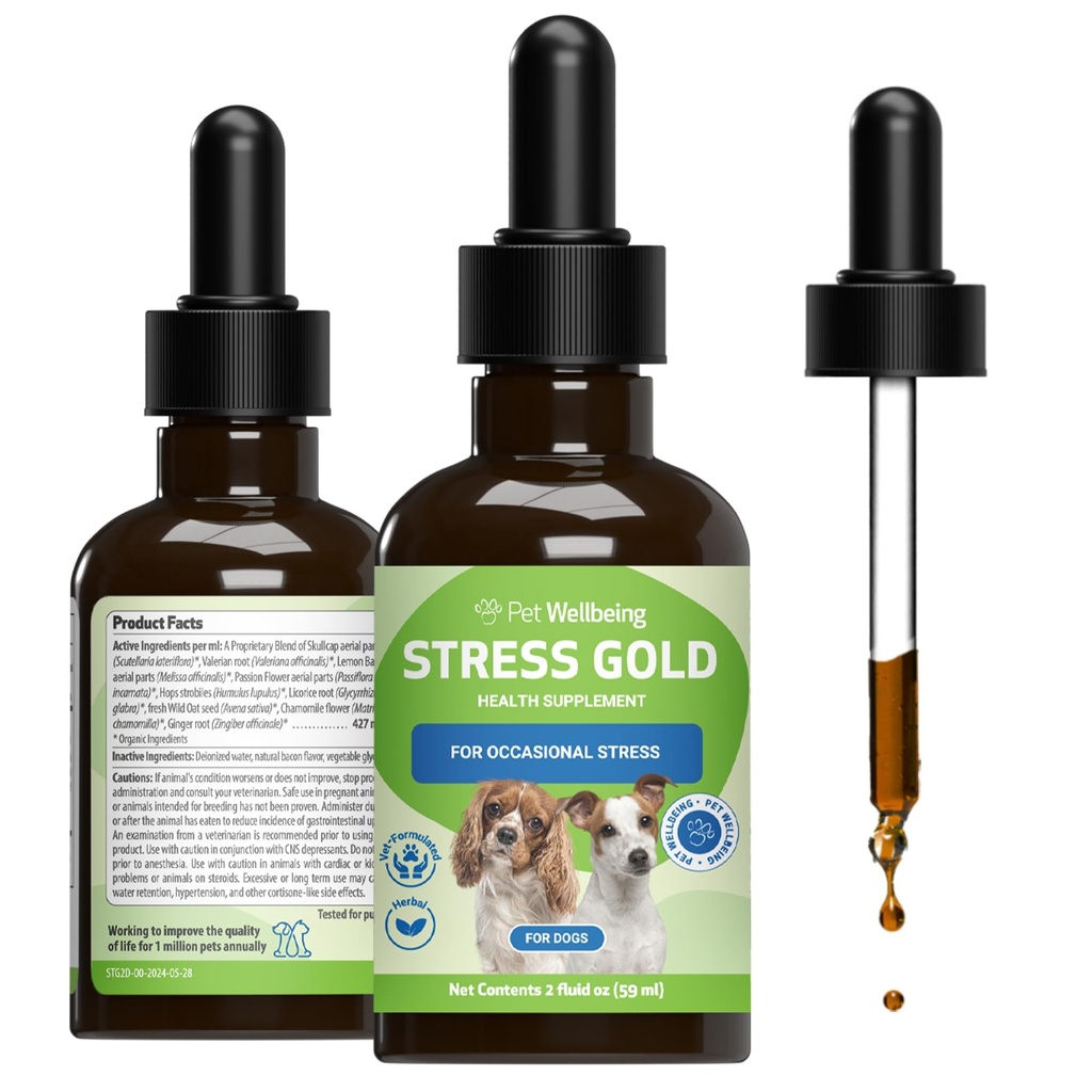 Pet Wellbeing Stress Gold for Dogs - Vet- Formuleret Situational Canine Stress Support - Fast- Fungerende bilrejser, Storme, Vet Besøg - Holistisk Hund Herbal Blend - Liquid Support 2 oz (59ml)